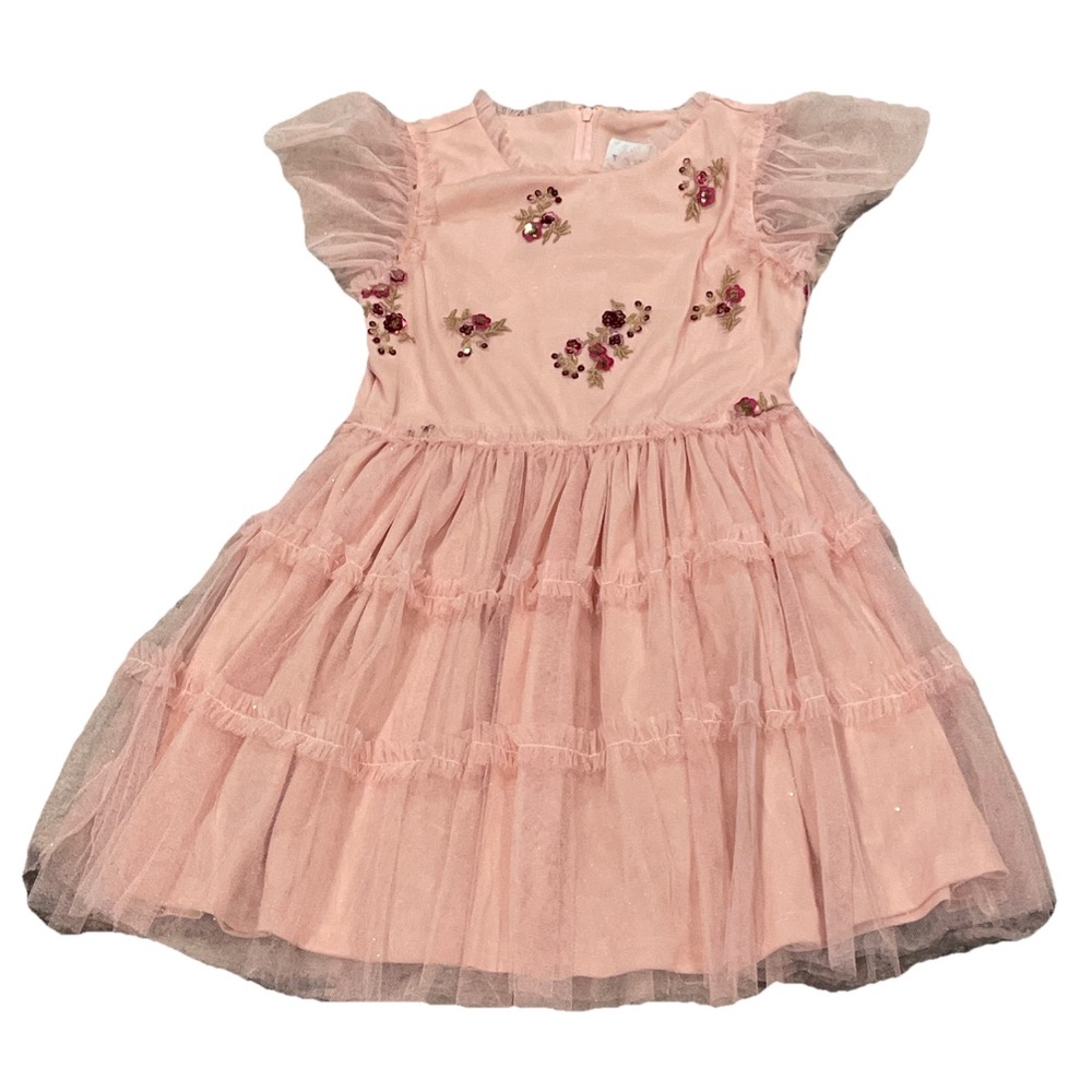 Rare Editions Pink Tulle Dress with Floral Embroidery. Kids Large.